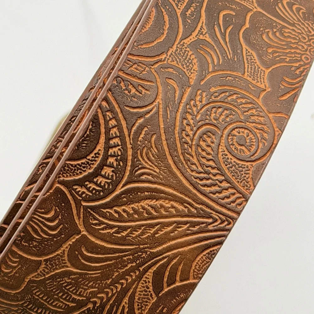 Brown Tooled Floral Embossed Western Belt Antique Brass Buckle 46 Inch Boho